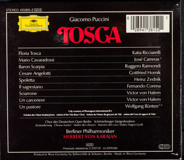 Giacomo Puccini  - Katia Ricciarelli, José Carreras, Ruggero Raimondi, Chor der Deutschen Oper Berlin, Berliner Philharmoniker, Herbert von Karajan : Tosca (2xCD, Album + Box)
