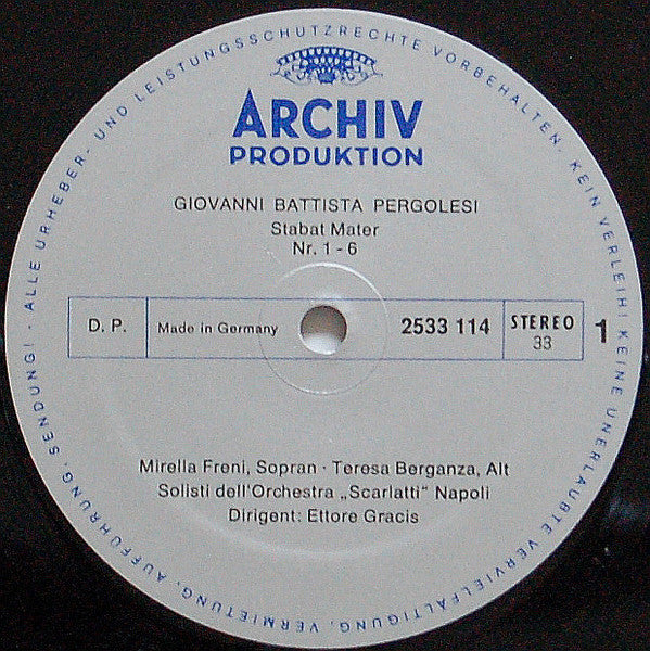 Giovanni Battista Pergolesi, Mirella Freni - Teresa Berganza - Solisti Dell'Orchestra "Scarlatti" Napoli - Ettore Gracis : Stabat Mater (LP, Album, Gat)