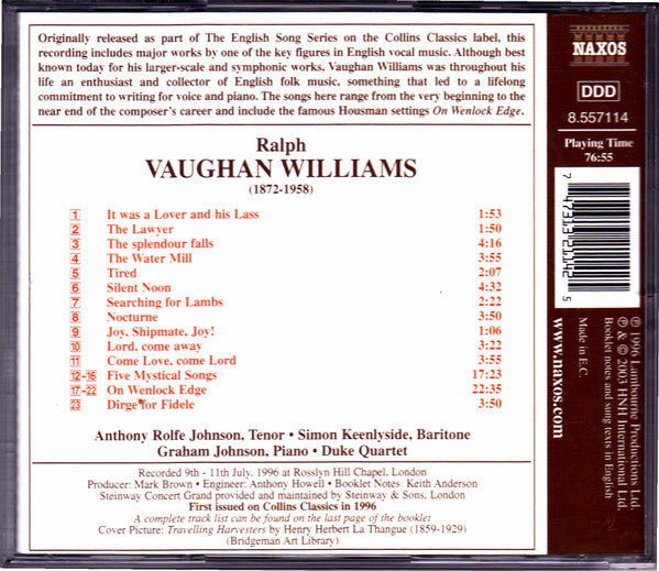 Ralph Vaughan Williams, Anthony Rolfe Johnson, Simon Keenlyside, Graham Johnson (2), The Duke Quartet : The English Song Series • 3 (CD, Album, RE)