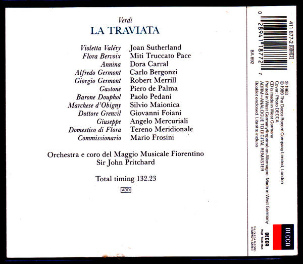 Giuseppe Verdi / Joan Sutherland, Carlo Bergonzi, Robert Merrill, Orchestra Del Maggio Musicale Fiorentino E Coro Del Maggio Musicale Fiorentino, John Pritchard : La Traviata (2xCD, Album, RE)