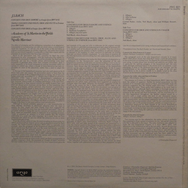 Johann Sebastian Bach - The Academy Of St. Martin-in-the-Fields, Sir Neville Marriner : Concertos (LP)