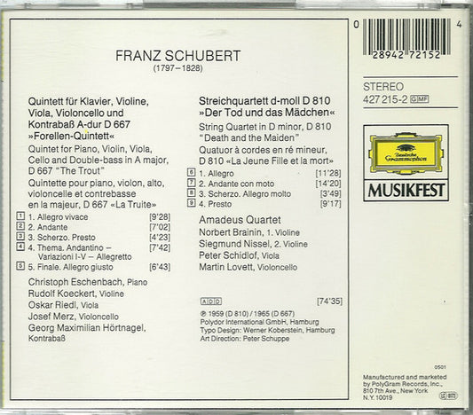 Franz Schubert : "Trout" Quintet / "Death And The Maiden" Quartet (CD, Comp, RM)