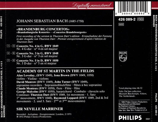 Johann Sebastian Bach - The Academy Of St. Martin-in-the-Fields / Sir Neville Marriner / Thurston Dart : Brandenburg Concertos Nos.  3, 4 & 5 (CD, RE)
