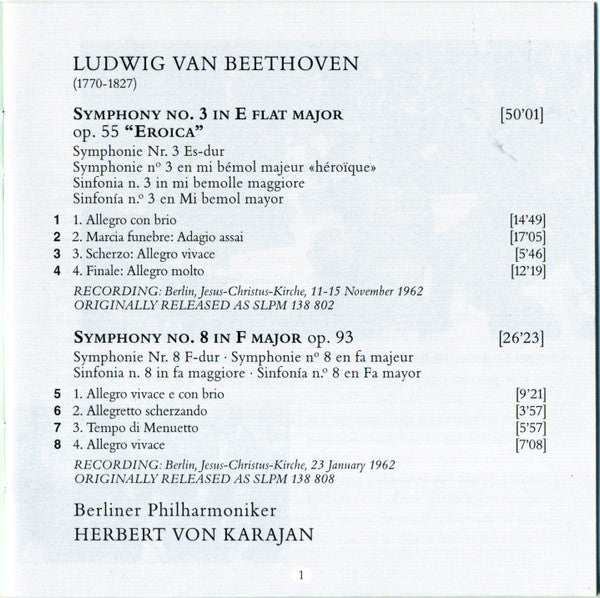 Ludwig van Beethoven, Herbert von Karajan, Berliner Philharmoniker : Symphonies Nos. 3 "Eroica" & 8 (CD, Comp, RM)
