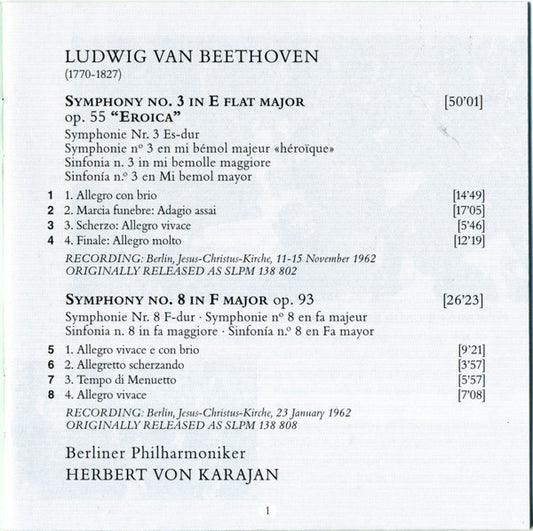 Ludwig van Beethoven, Herbert von Karajan, Berliner Philharmoniker : Symphonies Nos. 3 "Eroica" & 8 (CD, Comp, RM)