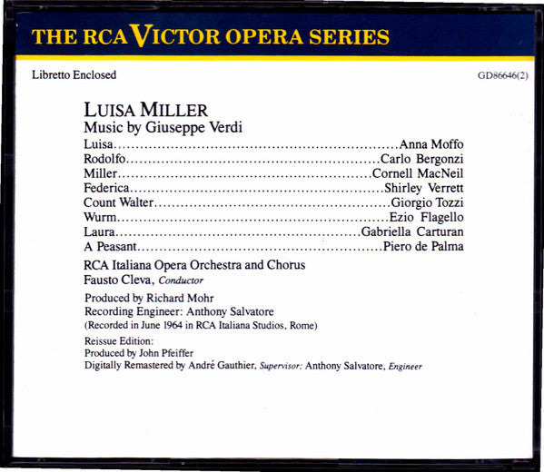 Giuseppe Verdi - Anna Moffo, Carlo Bergonzi, Shirley Verrett, Cornell MacNeil, Giorgio Tozzi, Ezio Flagello, RCA Italiana Opera Orchestra And RCA Italiana Opera Chorus, Fausto Cleva : Luisa Miller (2xCD, Album, RE, RM)