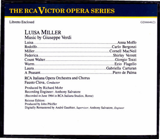 Giuseppe Verdi - Anna Moffo, Carlo Bergonzi, Shirley Verrett, Cornell MacNeil, Giorgio Tozzi, Ezio Flagello, RCA Italiana Opera Orchestra And RCA Italiana Opera Chorus, Fausto Cleva : Luisa Miller (2xCD, Album, RE, RM)