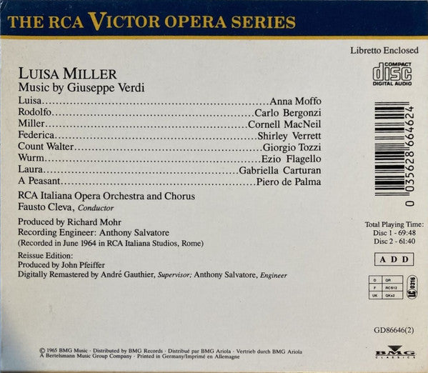 Giuseppe Verdi - Anna Moffo, Carlo Bergonzi, Shirley Verrett, Cornell MacNeil, Giorgio Tozzi, Ezio Flagello, RCA Italiana Opera Orchestra And RCA Italiana Opera Chorus, Fausto Cleva : Luisa Miller (2xCD, Album, RE, RM)