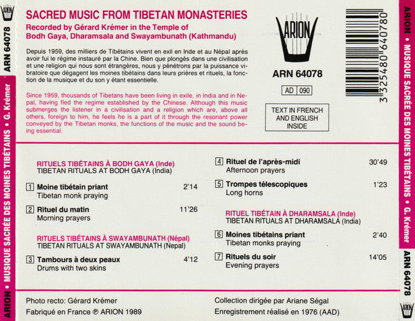 Gérard Krémer : Musique Sacrée Des Moines Tibétains = Sacred Music From Tibetan Monasteries (CD, Album, RE)