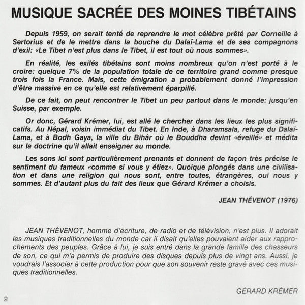 Gérard Krémer : Musique Sacrée Des Moines Tibétains = Sacred Music From Tibetan Monasteries (CD, Album, RE)