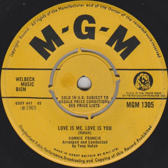 Connie Francis : Love Is Me, Love Is You (7", Single)