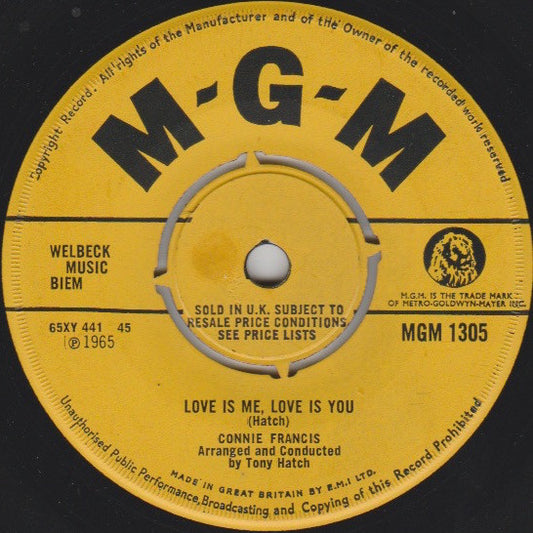 Connie Francis : Love Is Me, Love Is You (7", Single)