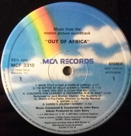 John Barry : Out Of Africa (Music From The Motion Picture Soundtrack) (LP, Album)