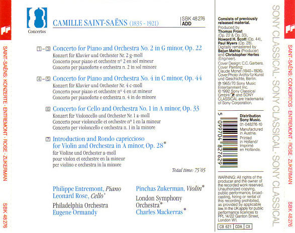 Camille Saint-Saëns - Philippe Entremont • Leonard Rose • The Philadelphia Orchestra • Eugene Ormandy : Piano Concertos Nos. 2 & 4 / Cello Concerto No. 1 (CD, Comp)