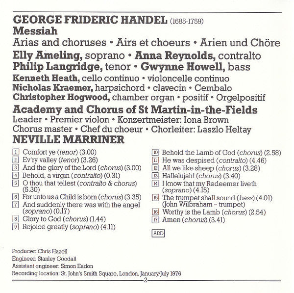 Georg Friedrich Händel . The Academy Of St. Martin-in-the-Fields / Chorus Of St Martin In The Fields, Sir Neville Marriner : Messiah (Arias And Chorusses - Airs Et Choeurs - Arien Und Chöre (CD, Album, RM)