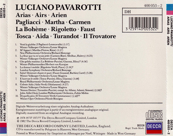 Luciano Pavarotti : Arias = Airs = Arien (CD, Comp)