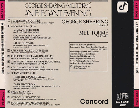 George Shearing • Mel Tormé : An Elegant Evening (CD, Album)