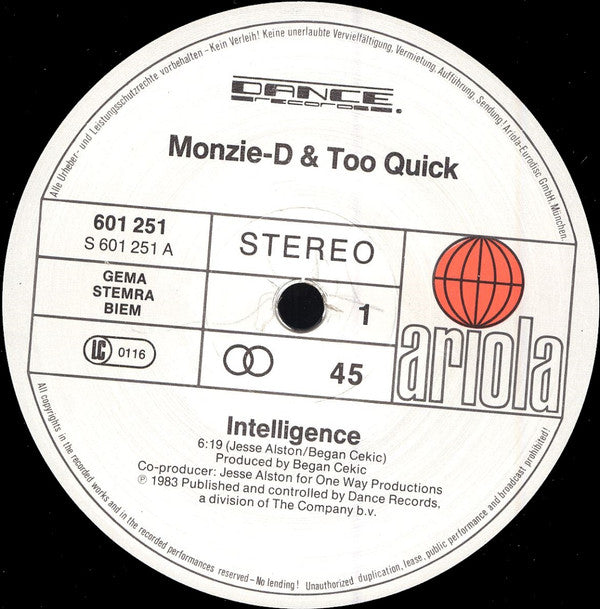 Monzie D And Too Quick : Intelligence (12")