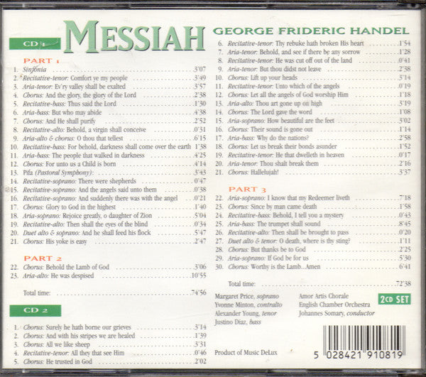 Georg Friedrich Händel / Margaret Price, Yvonne Minton, Alexander Young, Justino Diaz, English Chamber Orchestra, Johannes Somary : Messiah (2xCD, RE)