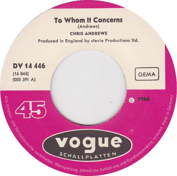 Chris Andrews (3) : To Whom It Concerns (7", Single)