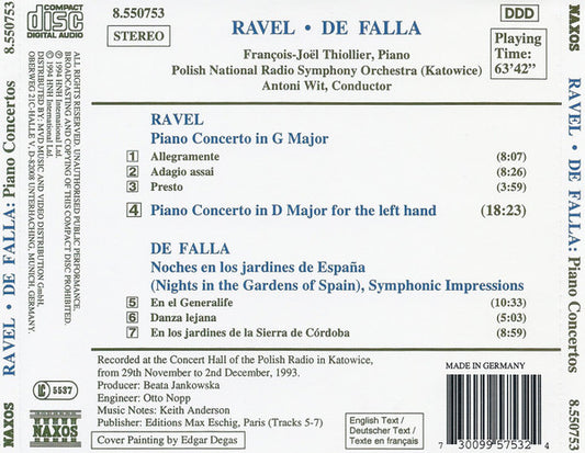 Maurice Ravel / Manuel De Falla, François-Joël Thiollier, Polish National Radio Symphony Orchestra, Antoni Wit : Piano Concertos: G Major • D Major (For The Left Hand) / Nights In The Gardens Of Spain (CD)