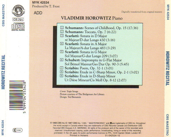 Vladimir Horowitz, Robert Schumann, Domenico Scarlatti, Franz Schubert, Alexander Scriabin : Horowitz Recital (CD, Comp)