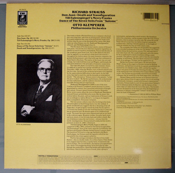 Richard Strauss - Philharmonia Orchestra, Otto Klemperer : Death And Transfiguration / Don Juan / Till Eulenspiegel's Merry Pranks / Dance Of The Seven Veils From "Salome" (LP, Comp, RM)