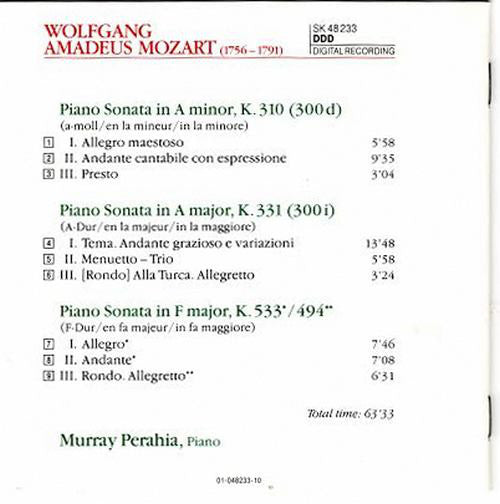 Wolfgang Amadeus Mozart, Murray Perahia : Piano Sonatas K.310 - K.331 - K.533/494 (CD)