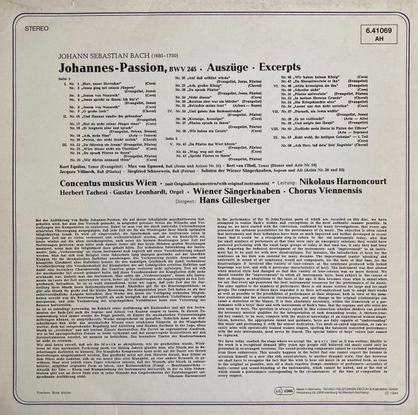Johann Sebastian Bach, Kurt Equiluz, Max van Egmond, Concentus Musicus Wien, Die Wiener Sängerknaben, Nikolaus Harnoncourt, Hans Gillesberger : Johannes-Passion (LP)