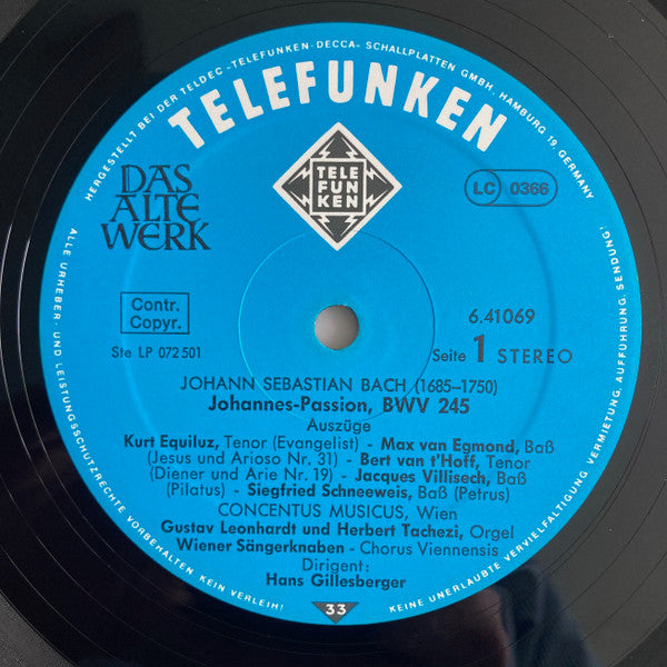 Johann Sebastian Bach, Kurt Equiluz, Max van Egmond, Concentus Musicus Wien, Die Wiener Sängerknaben, Nikolaus Harnoncourt, Hans Gillesberger : Johannes-Passion (LP)