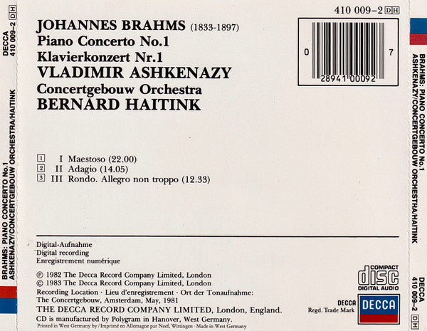Johannes Brahms / Vladimir Ashkenazy, Concertgebouworkest, Bernard Haitink : Piano Concerto No.1 (Klavierkonzert Nr.1) (CD, Album)