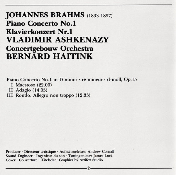 Johannes Brahms / Vladimir Ashkenazy, Concertgebouworkest, Bernard Haitink : Piano Concerto No.1 (Klavierkonzert Nr.1) (CD, Album)
