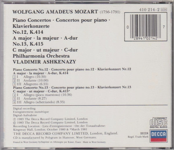 Wolfgang Amadeus Mozart, Vladimir Ashkenazy, Philharmonia Orchestra : Piano Concertos (CD, Album)