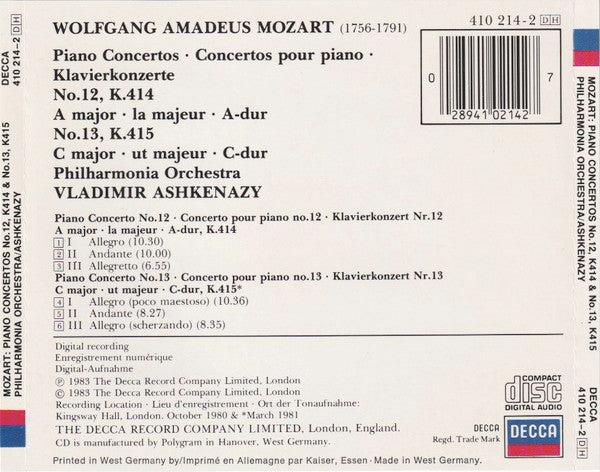 Wolfgang Amadeus Mozart, Vladimir Ashkenazy, Philharmonia Orchestra : Piano Concertos (CD, Album)