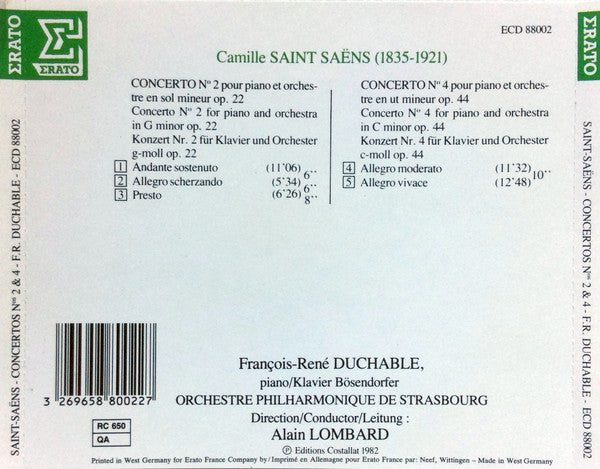 Camille Saint-Saëns, François-René Duchâble, Orchestre Philharmonique De Strasbourg, Alain Lombard : Concertos Pour Piano No 2 & 4 (CD, Album, RE)