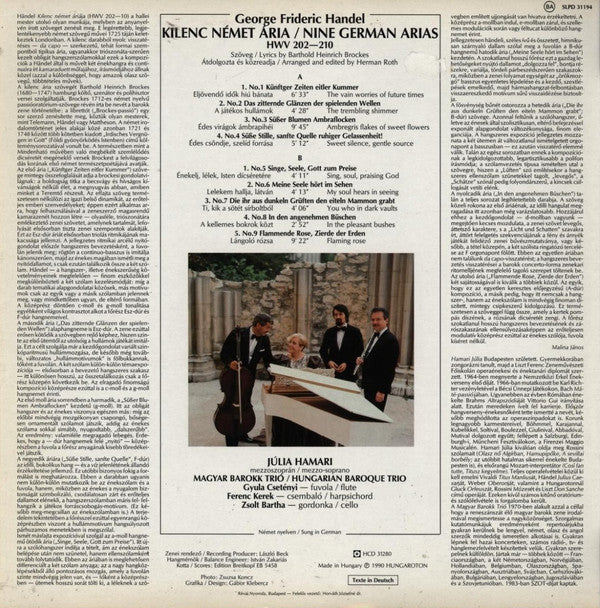 Julia Hamari, Hungarian Baroque Trio, Georg Friedrich Händel : 9 German Arias (LP, Album)