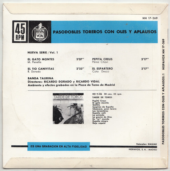 Banda Taurina : Pasodobles Toreros Con Olés Y Aplausos - Vol. 1 Nueva Serie (7", EP)