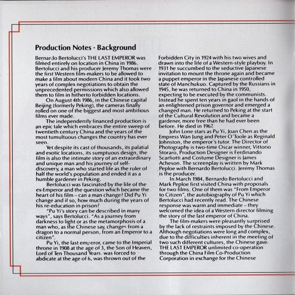 Ryuichi Sakamoto, David Byrne And Cong Su : The Last Emperor (CD, Album, RE)