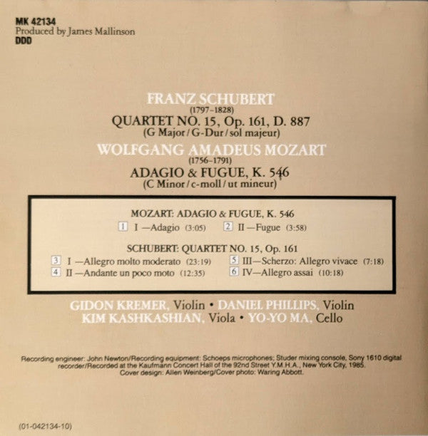 Franz Schubert, Wolfgang Amadeus Mozart - Yo-Yo Ma, Kim Kashkashian, Daniel Phillips, Gidon Kremer : Quartet No. 15, D.887 / Adagio And Fugue, K.546 (CD, Album)
