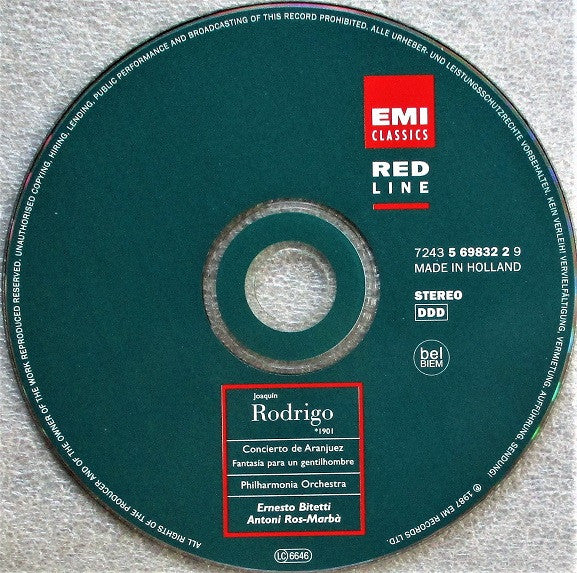 Joaquín Rodrigo, Philharmonia Orchestra, Ernesto Bitetti, Antoni Ros-Marbà : Concierto De Aranjuez, Fantasía Para Un Gentilhombre	 (CD, Album, Comp)
