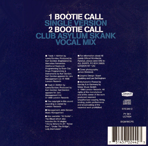 All Saints : Bootie Call (CD, Single, Car)