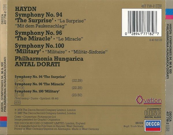 Haydn* - Philharmonia Hungarica, Antal Dorati : Symphonies 94, 96 & 100 (CD, Comp, RE, RM)