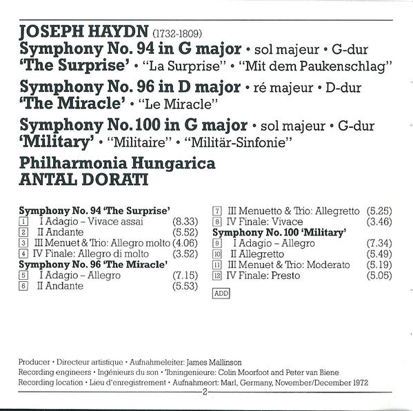 Haydn* - Philharmonia Hungarica, Antal Dorati : Symphonies 94, 96 & 100 (CD, Comp, RE, RM)