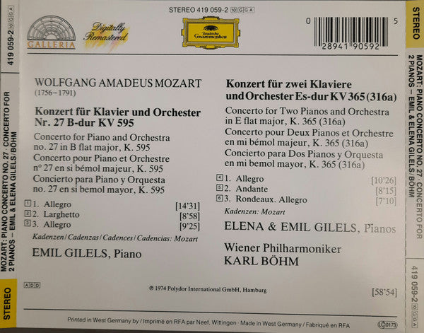 Wolfgang Amadeus Mozart - Emil Gilels, Karl Böhm : Piano Concerto No. 27 - Konzert Für Klavier Und Orchester Nr. 27 B-Dur KV 595/Konzert Für Zwei Klaviere Und Orchester Es-Dur KV 365(361A) (CD, Album, RE)