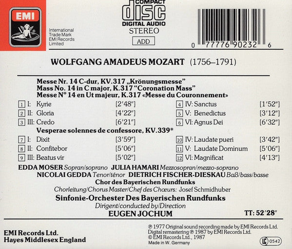 Wolfgang Amadeus Mozart - Edda Moser • Julia Hamari • Nicolai Gedda • Dietrich Fischer-Dieskau, Chor Des Bayerischen Rundfunks & Symphonie-Orchester Des Bayerischen Rundfunks, Eugen Jochum : Krönungsmesse = Coronation Mass = Messe Du Couronnement / Vesperae Solennes De Confessione KV339 (CD, RM)
