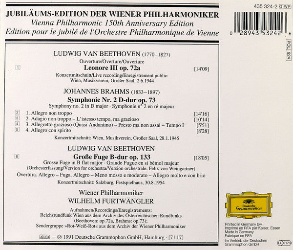 Wiener Philharmoniker, Wilhelm Furtwängler – Johannes Brahms / Ludwig van Beethoven : Symphonie No. 2 – 1945 / »Leonore III« – 1944 / Grosse Fuge – 1954 (CD, Comp, Mono, RM)