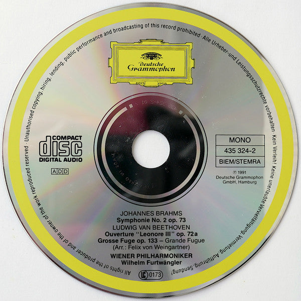 Wiener Philharmoniker, Wilhelm Furtwängler – Johannes Brahms / Ludwig van Beethoven : Symphonie No. 2 – 1945 / »Leonore III« – 1944 / Grosse Fuge – 1954 (CD, Comp, Mono, RM)