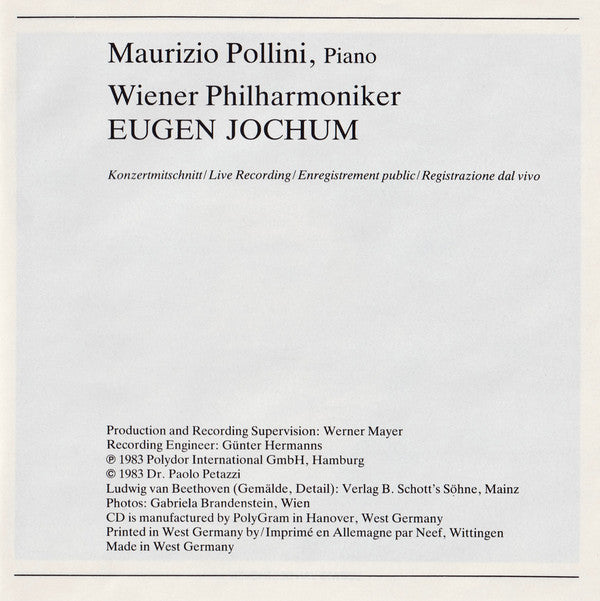 Ludwig van Beethoven - Maurizio Pollini, Wiener Philharmoniker, Eugen Jochum : Klavierkonzert · Piano Concerto No. 1 (CD, Album, RE)