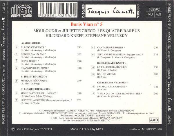 Various : Mouloudji Et Juliette Greco, Les 4 Barbus, Hildegard Knef, Stephane Velinsky Chantent Boris Vian (CD, Comp)