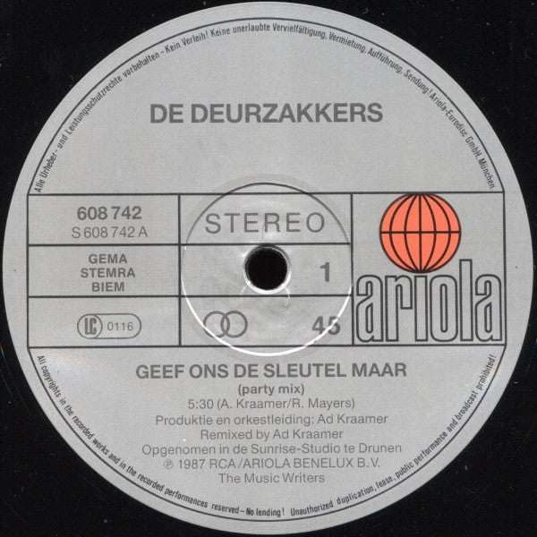 De Deurzakkers : Geef Ons De Sleutel Maar (Special Party-Mix) (12")